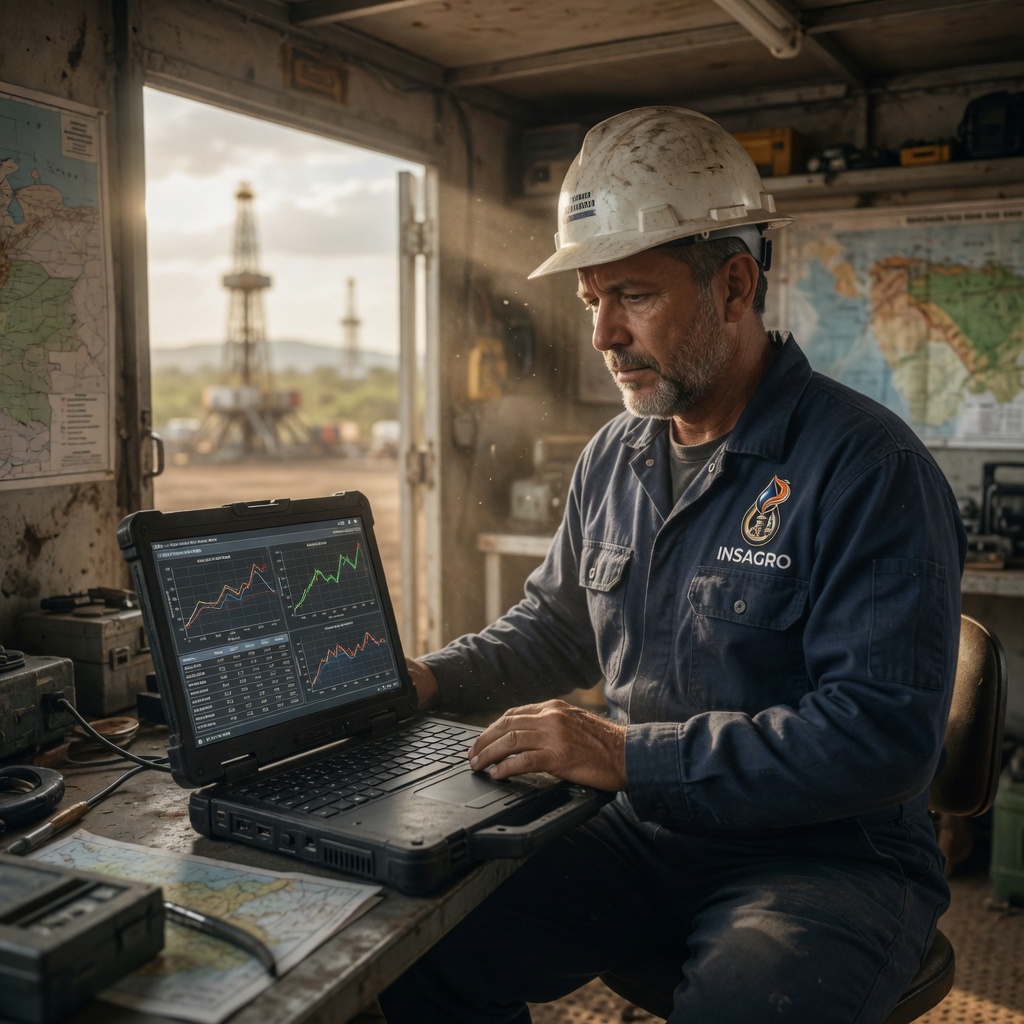 Ingeniero revisando datos de producción y análisis técnico de pozo en entorno profesional