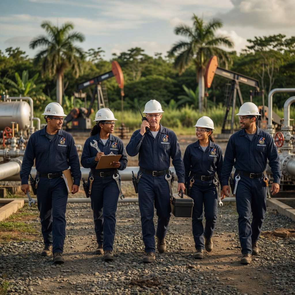 Flujo de trabajo integrado en operación petrolera con equipos y personal en campo