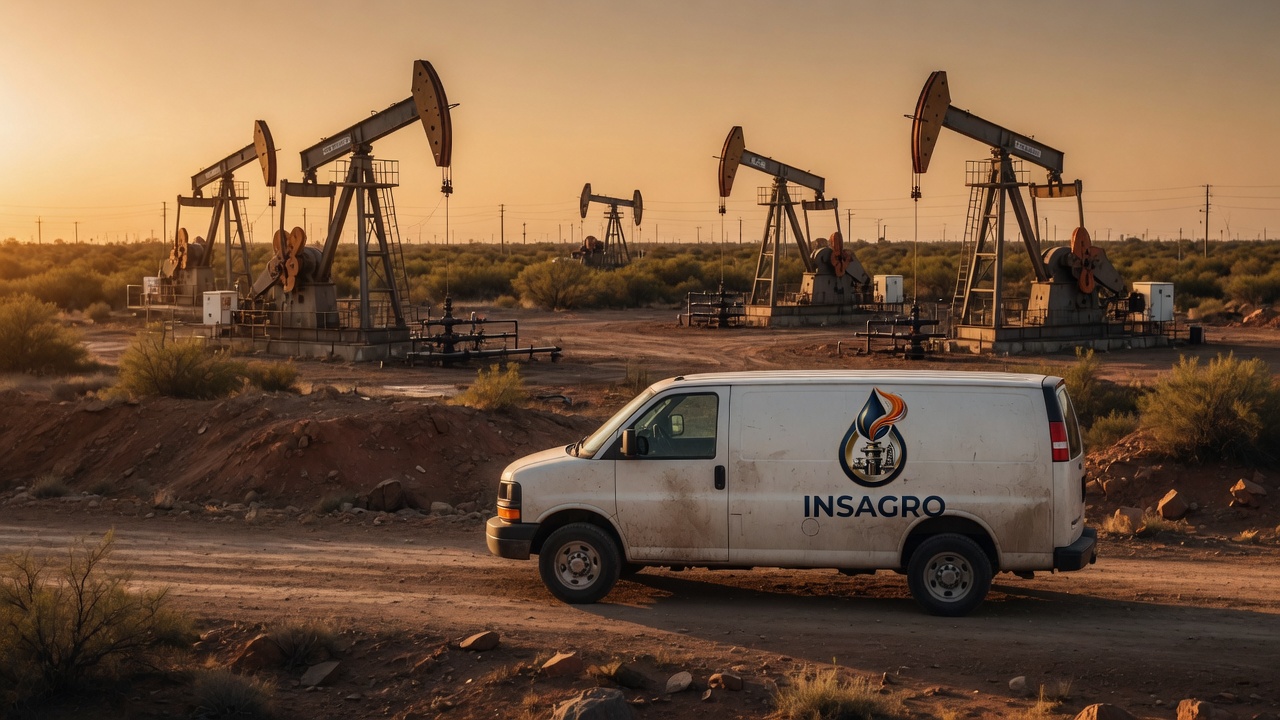 Operación en campo petrolero maduro con infraestructura de pozos y bombeo