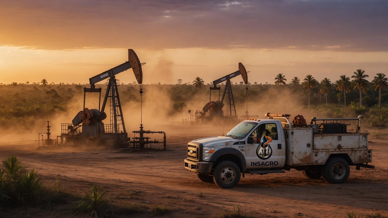 Campo petrolero venezolano al atardecer con operaciones de extracción y unidades de bombeo