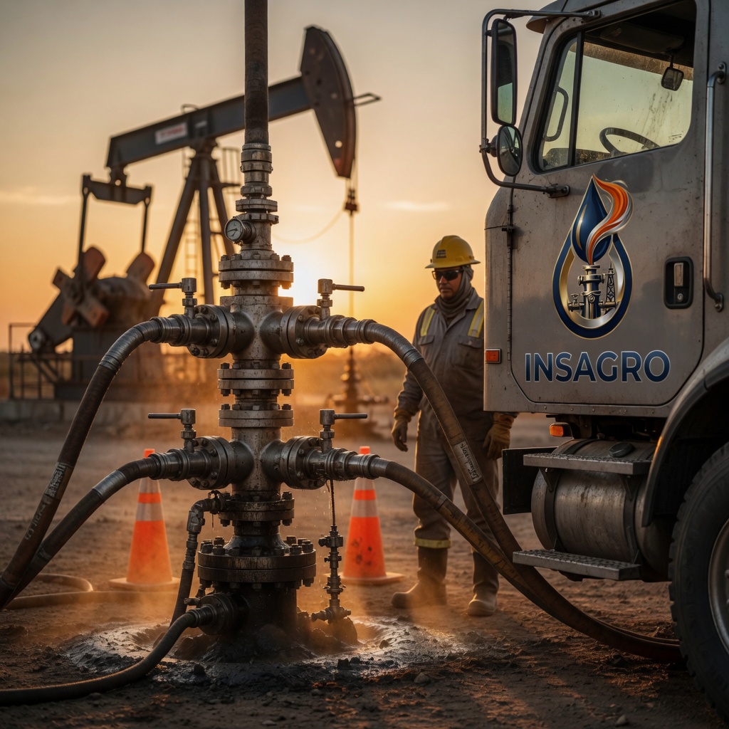 Operación de estimulación en locación petrolera: wellhead y equipos de bombeo en campo